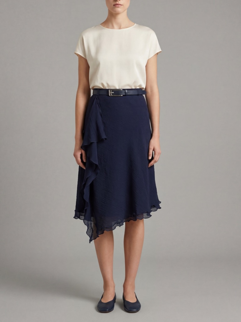 M Siamo Rare Y2K Vintage Asymmetrical Navy Midi Skirt | Leather Belt | Sz 6